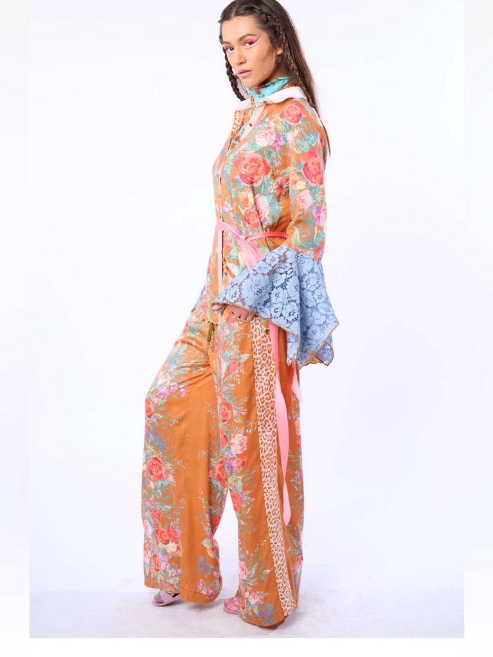Floral Wide-Leg Drawstring Pants in Orange - Picture 2 of 6
